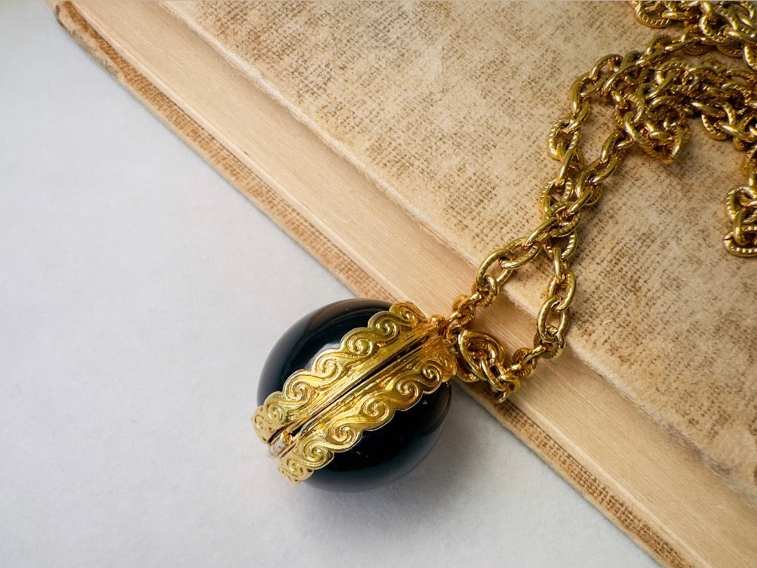 Black Locket Necklace, Sphere Locket Pendant Necklace on Extra Long Gold Chain, Vintage Liz Claiborne Necklace