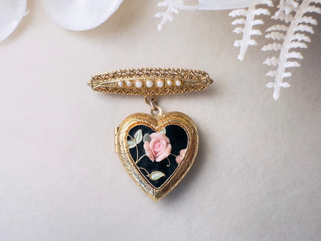 Vintage Heart Locket Brooch, Victorian Pearl Bar Pin Romantic Regency Era Embossed Gold Heart Pin with Black Heart and Pink Ceramic Rose