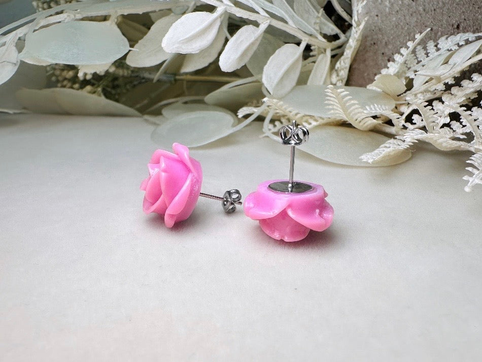 Purple Rose Stud Earrings, Lilac Purple Studs, Large Rose Earrings, Resin Cabochon Rosettes, Purple Bridesmaid Jewelry, Floral Jewelry Gifts