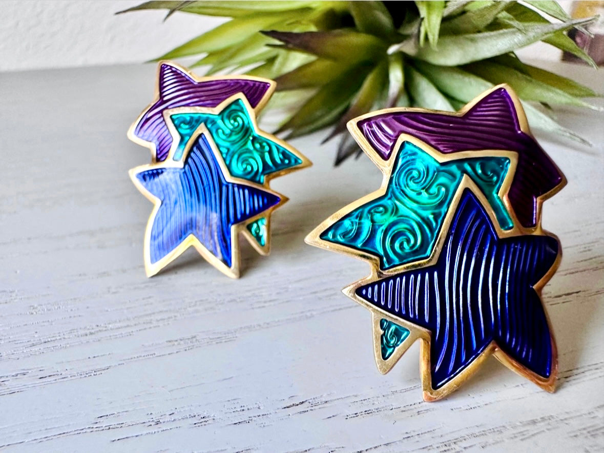 80s Berebi Star Vintage Earrings, Purple Green and Blue Clip-On Statement Earrings, 1980s Jem & the Holograms Oversized Vintage Star Earring