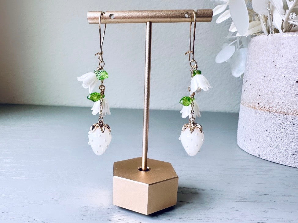 White Strawberry Earrings, Original Handmade 24k Gold + Murano Glass Earring, Pearl Strawberry + Dainty Bell Flower Glass Dangle Earrings by Piggle and Pop