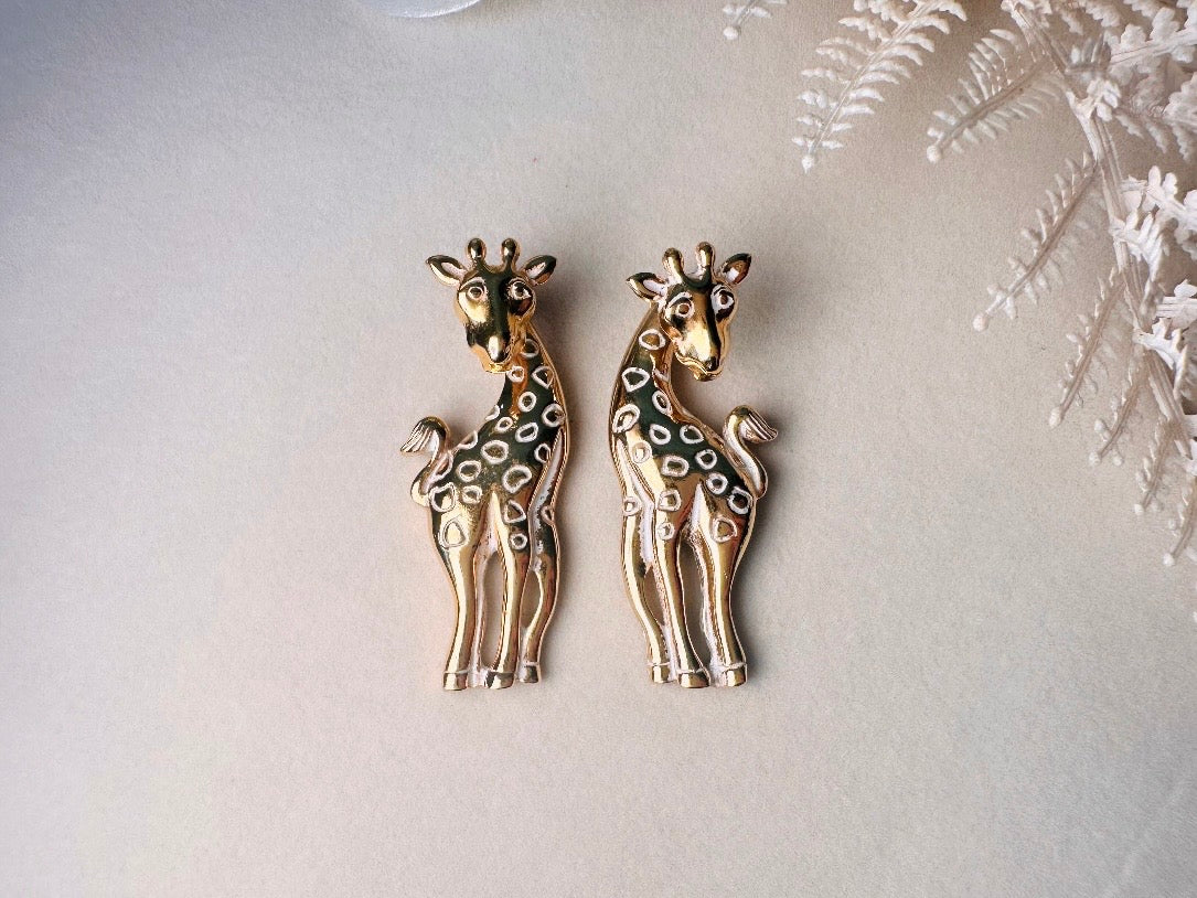 Vintage Giraffe Earrings, White and Gold Pierced Post Earrings with Moveable Head, Convertable Stud to Dangle Earrings, Animal Lover Gifts