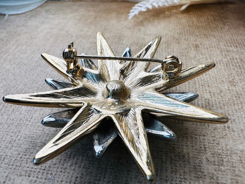 Vintage Liz Claiborne Star and Moon Pin, LCI Celestial Brooch in Gold and Silver with Midnight Blue Enamel