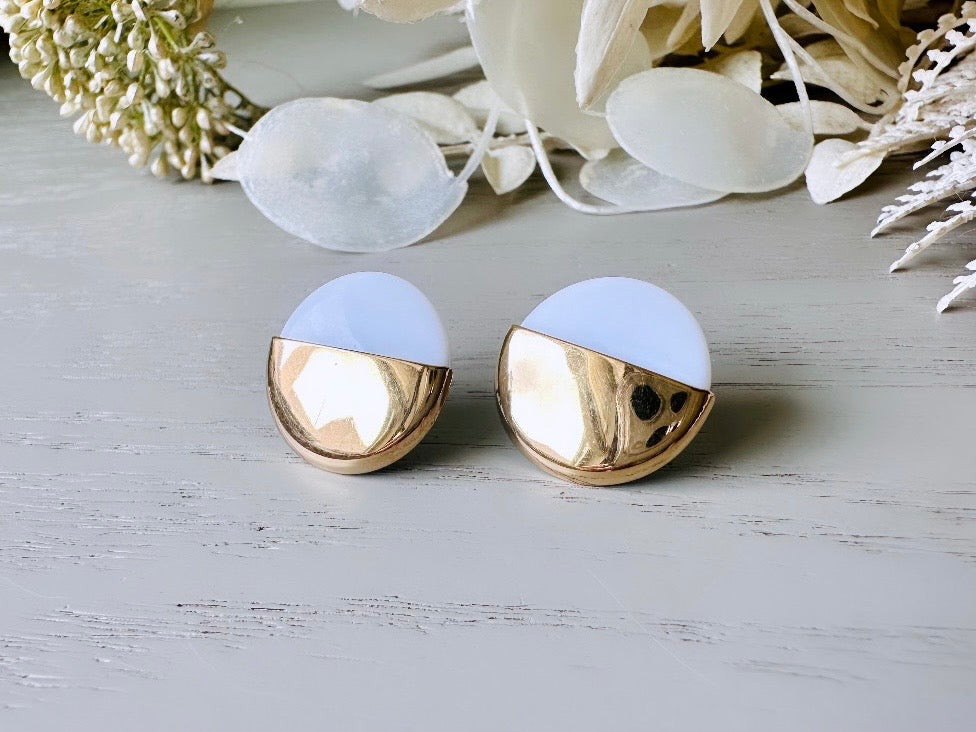 White & Gold Earrings, Vintage 1980's Stud Earrings, Round Acrylic Posts with Gold Half Moon Overlay, Interesting Pierced Post Gold Earrings