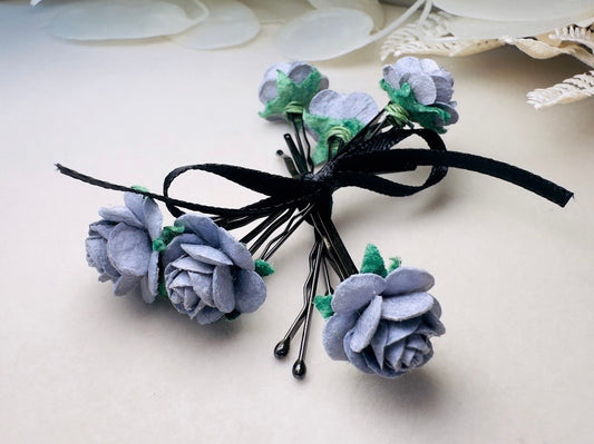 Dark Grey Rose Hair Pin Set, 6 Handmade Paper Flower Bobby Pins in Beautiful Deep Gray, Timeless Bridal Hair Accessories for Floral Wedding MPR6