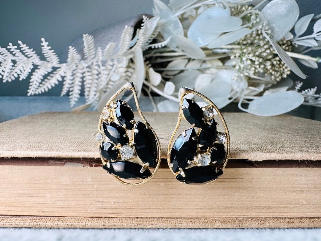 Vintage Black Rhinestone Earrings, 1960s Designer Signed Weiss Mosaic Cocktail Earrings, Gold & Diamond Crystal Teardrop Clip On Earrings