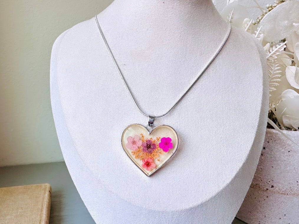 Dried Flower Heart Necklace, Pink Orange and Yellow Pressed Flower Pendant Necklace on Silver 16" Skinny Snake Chain, Cute Heart Necklace