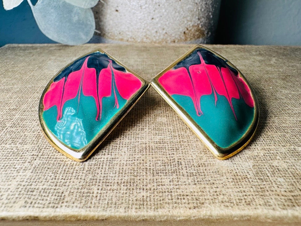 1980s Painted Abstract Earrings, Pink Teal Black and Gold Unique Colorful Paint Splatter Earrings, 80s Drip Enamel Pierced Statement Earring
