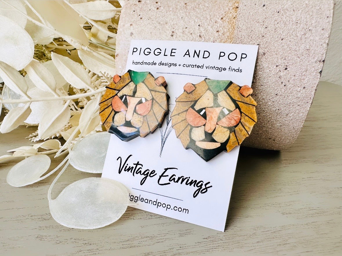 Lee Sands Lion Earrings, Shell and Stone Mosaic Lion Face Vintage Earrings, Brown, Peach and Green Vintage Leo 1980s Pierced Post Earrings