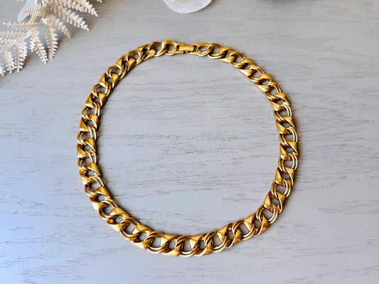 Gold Vintage Chain Necklace, Chunky Gold Necklace with Double Curb Link and Rounded Square, Bold 80s Mogul Style, Authentic Vintage Jewelry