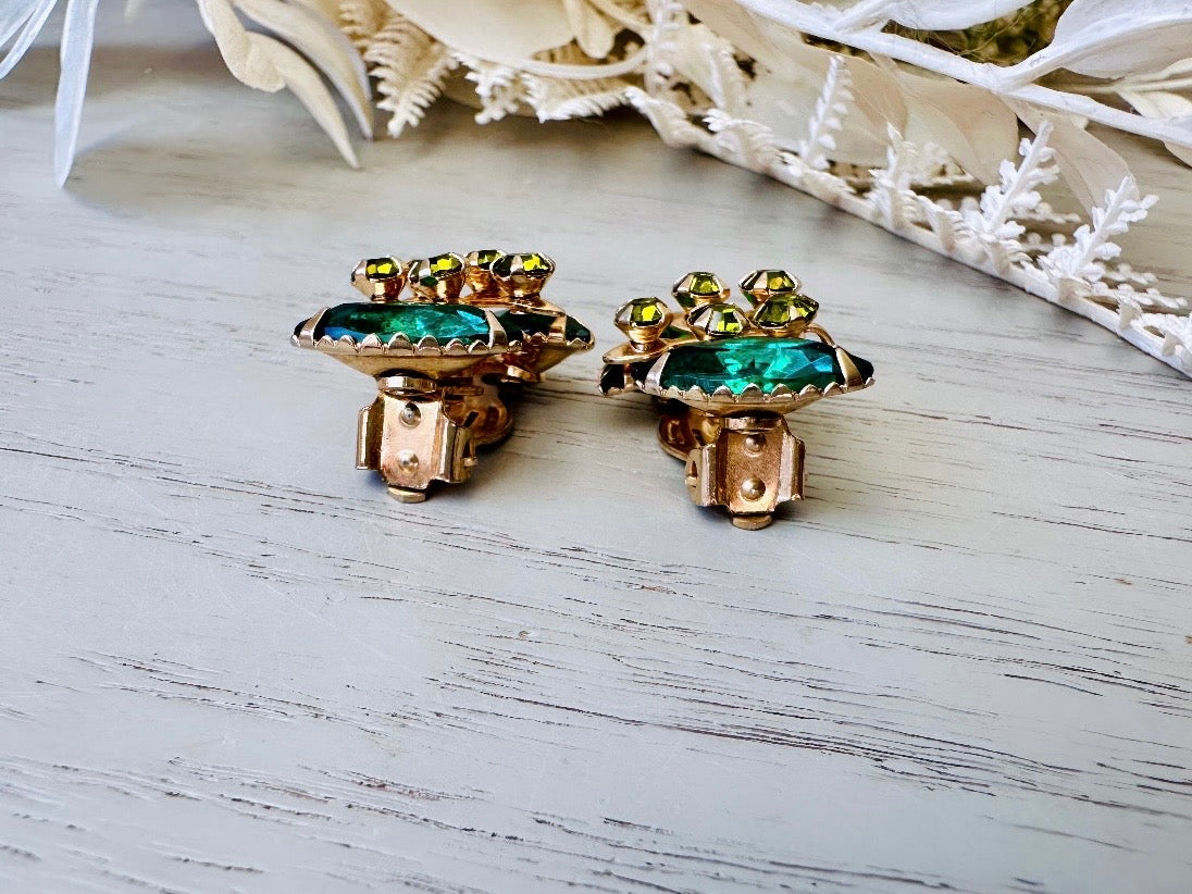 Emerald and Olive Vintage Rhinestone Earrings, Vintage 1960's Emerald Crystal Clip On Earrings, Unique Shape Marquis Navette Glam Jewelry