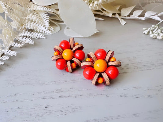 Vibrant 1960s Earrings, Red + Orange Vintage Beaded Clip On Earrings, Japanese Earrings w Wood Discs and Rhinestones, Authentic 60s Earrings