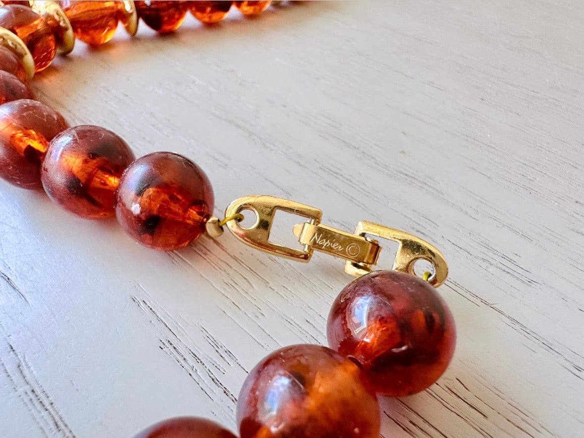 Vintage Tortoiseshell Necklace, Geometric Faux Amber Napier Necklace with Gold Accents, 1980 Signed High Fashion Runway 80s Designer Jewelry