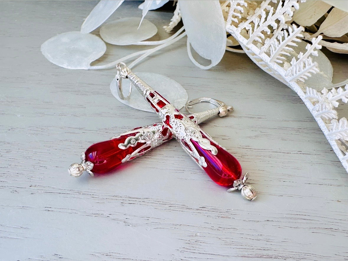 Red Teardrop Earrings, Beautiful Handmade Holiday Jewelry Gifts for Her, Striking Bright Red Glass Earring with Ornate Silver Filigree Cones