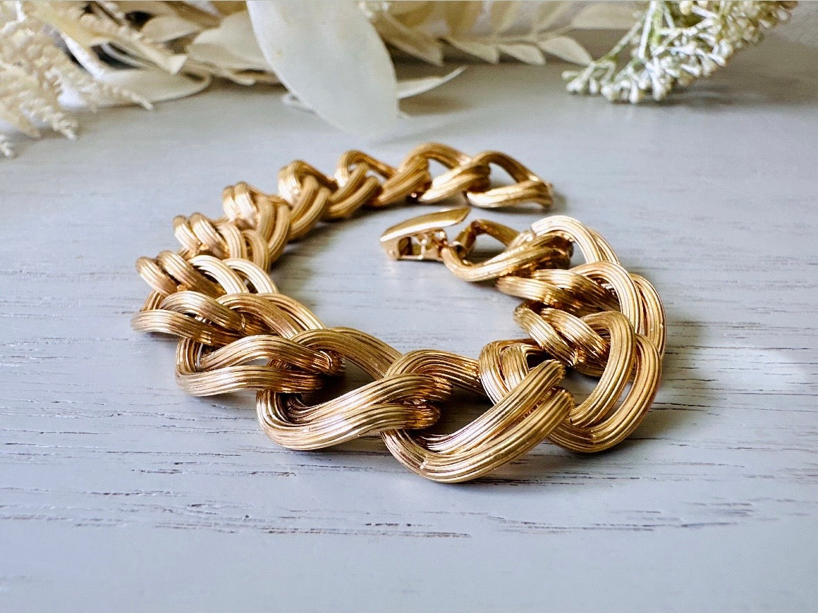 Vintage Gold Chain Bracelet, Double Curb Link Brushed Gold Bracelet for Stacking, Signed Avon Big Link Bracelet Vintage 1980s Jewelry