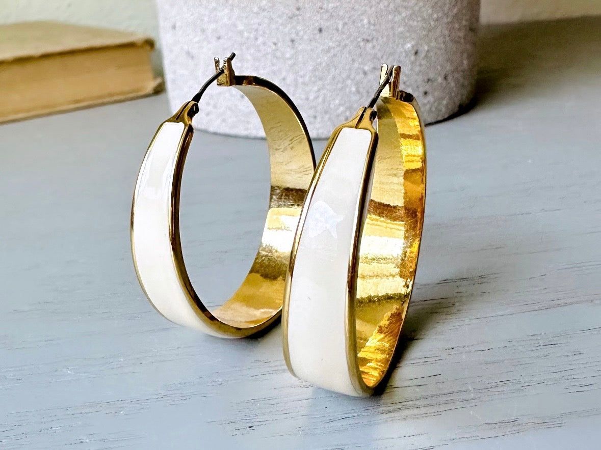 Vintage Cream & Gold Hoop Earrings, Classic 1980s Trifari Earrings, Gorgeous Old Money Gold Bisque Enamel 1.5" Hoops Pierced Earrings