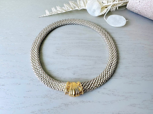 Silver and Gold Mesh Necklace, 1980s Vintage Necklace, Stunning Silver Mesh Collar 80s Mogul Necklace, Intricate Gold Magnetic Closure