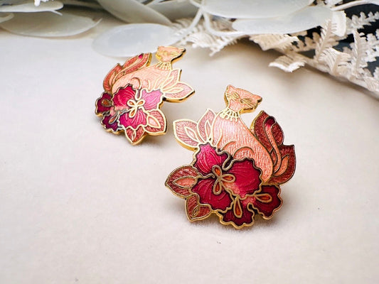 Siamese Cat Earrings, Gorgeous Floral Peach Pink and Gold Cloisonné Vintage Earrings of Cats in Flowers, Whimsical Pierced 1980s Earrings