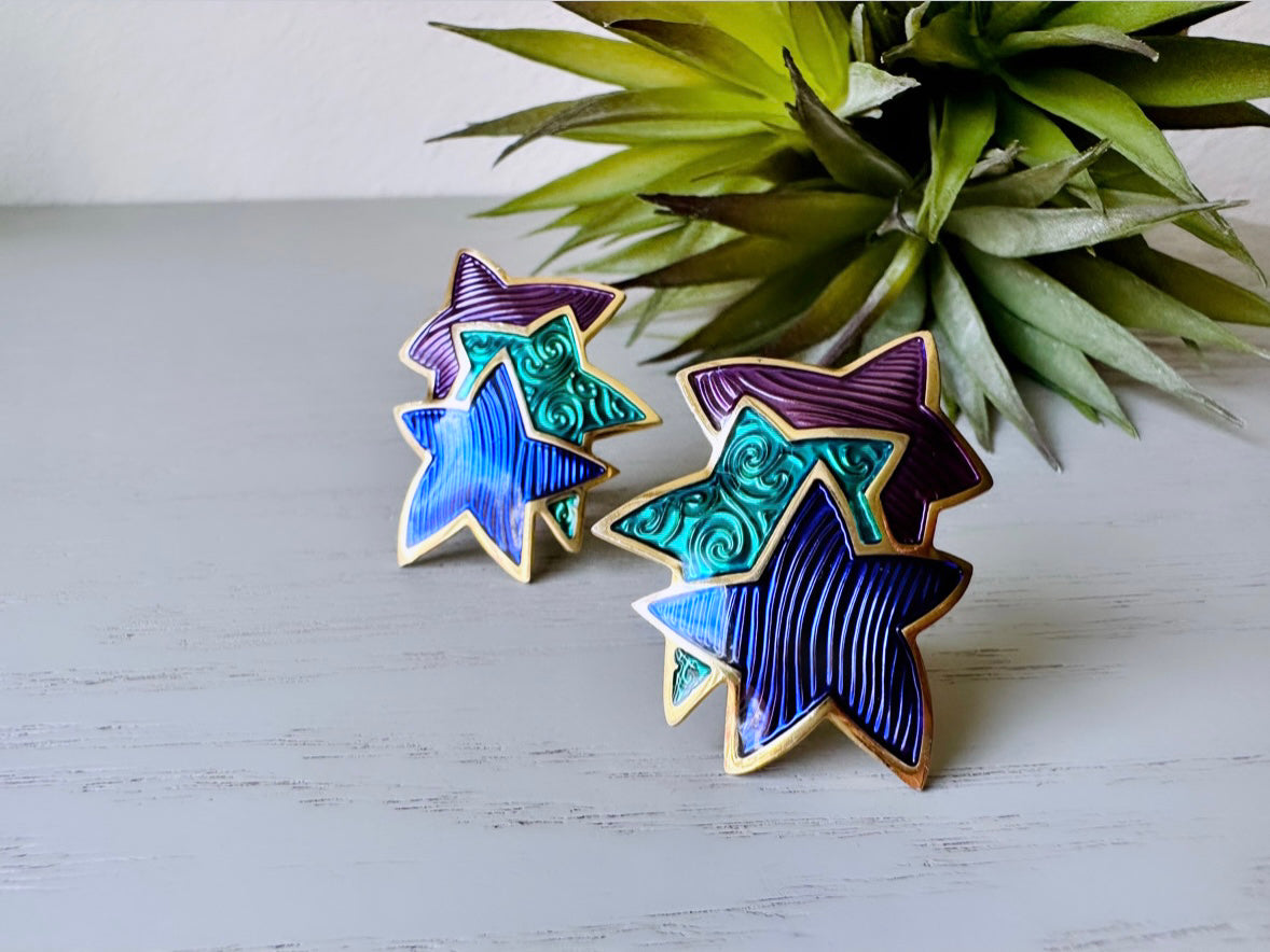 80s Berebi Star Vintage Earrings, Purple Green and Blue Clip-On Statement Earrings, 1980s Jem & the Holograms Oversized Vintage Star Earring