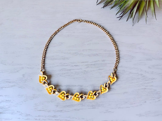 Vintage Yellow Heart Choker Necklace, Vintage Yellow Necklace, 1950s Retro Choker Necklace, Short Colorful Heart Necklace