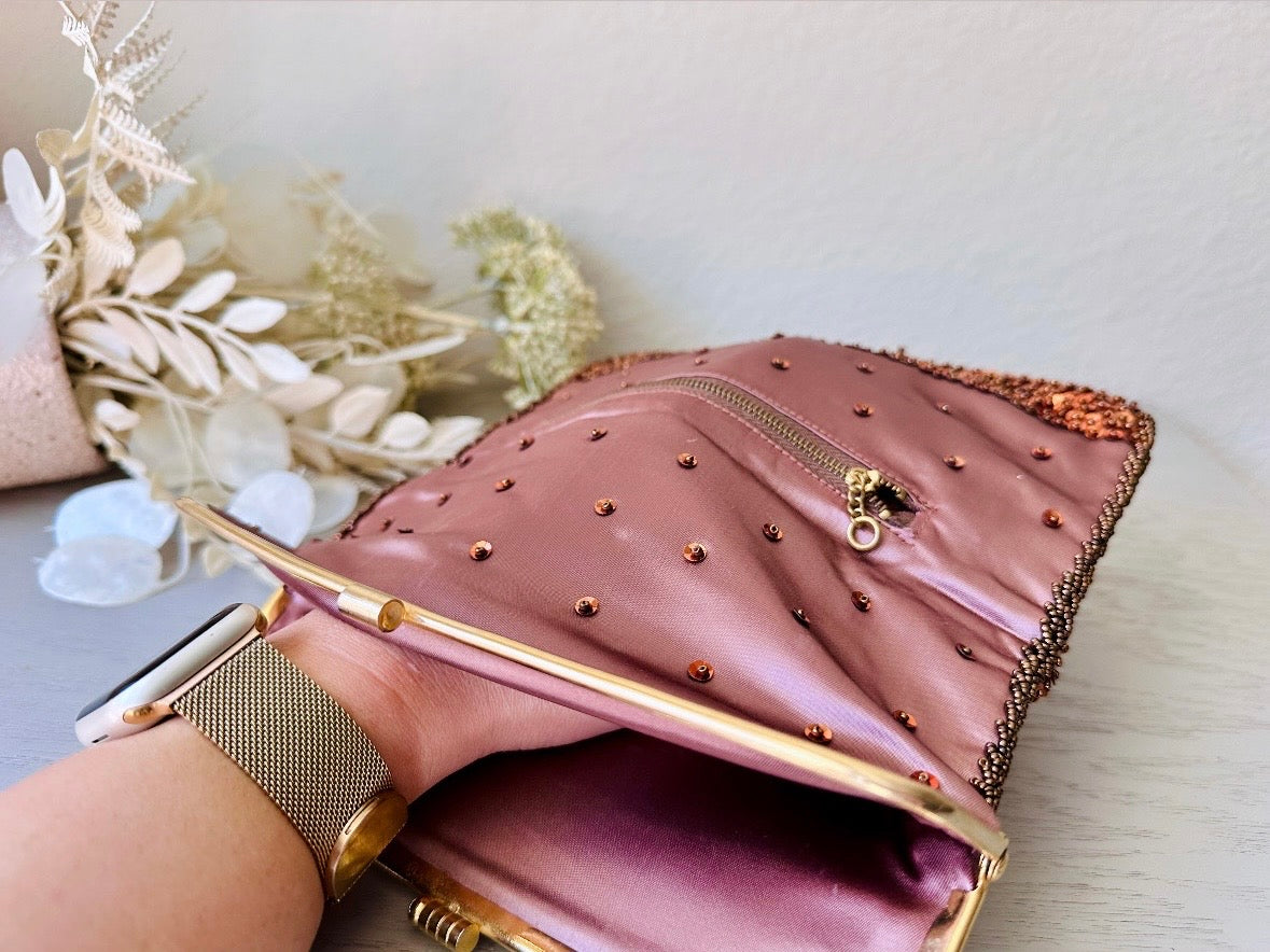 1950s Sequin Clutch, Gorgeous Fully Beaded Floral Evening Bag, Vintage Clutch in Bronze and Coffee Brown with Beaded Flowers, Fold Over Gold