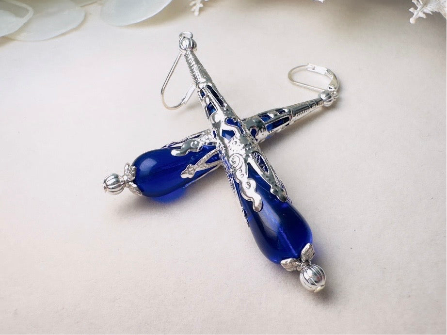 Blue Teardrop Earrings, Long Handmade Cobalt Blue Czech Glass Beaded Drop Earrings with Victorian Silver Filigree Cones