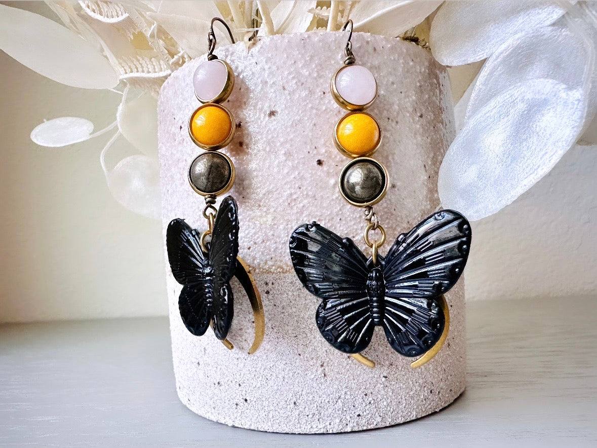 Gemstone Butterfly Earrings, Whimsical Boho Handmade Earrings, Rose Quartz Yellow Jade & Pyrite Orbs in Bronze Frames Black Butterfly Moon