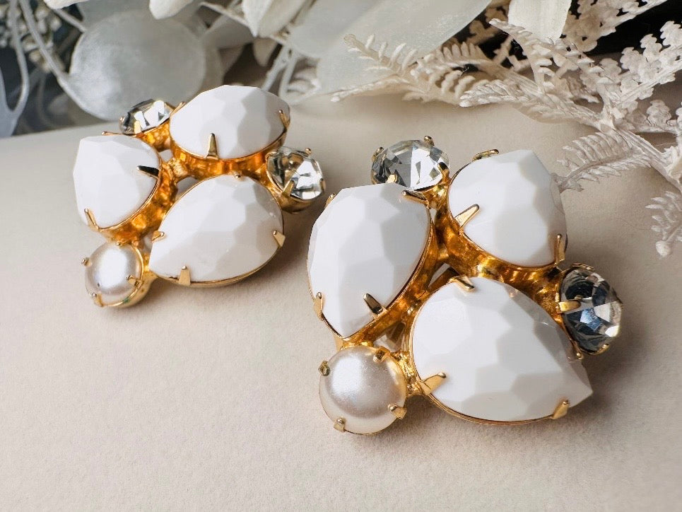 Vintage White Earrings, Pearl and Rhinestone Gold Clip On Cluster Earrings, 1960s Designer Vintage Kenneth Jay Lane Statement Earrings