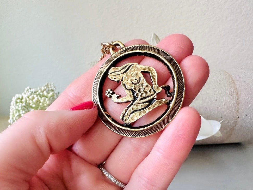 Vintage Virgo Zodiac Necklace, Star Sign Astrology Necklace, Unique Birthday Necklace, Long Gold Pendant Necklace Vintage Astrology Chain