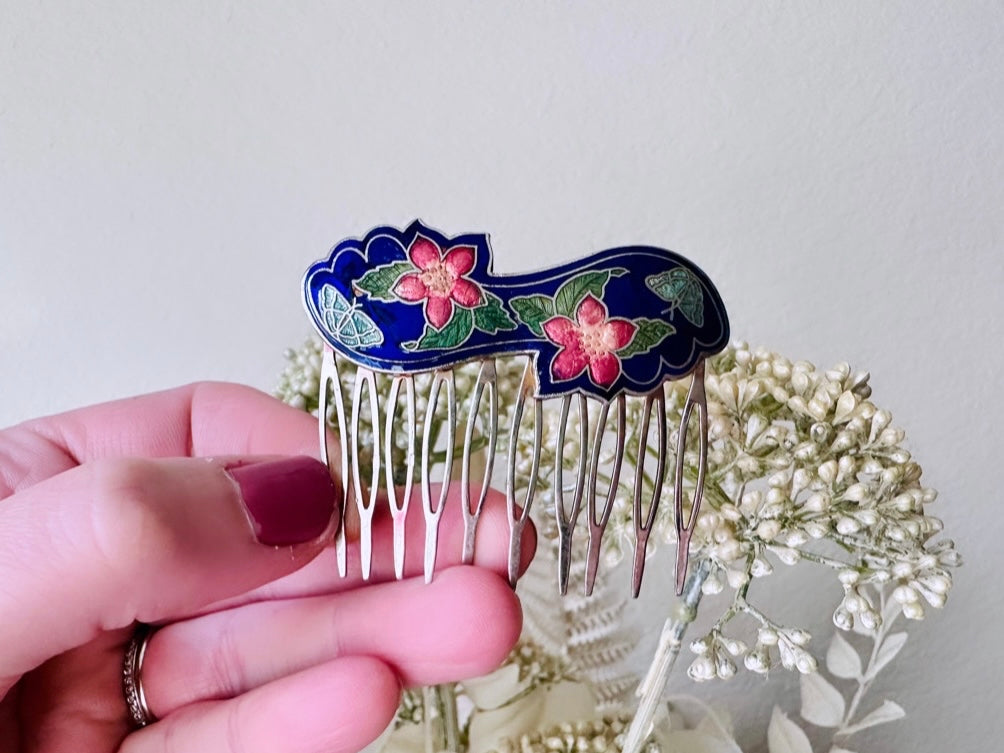 Vintage Cloisonné Hair Comb, Whimsical Cobalt Blue Pink Butterfly and Flowers Silver Tone Pink & Blue Floral Cloisonne Vintage Comb Unmarked