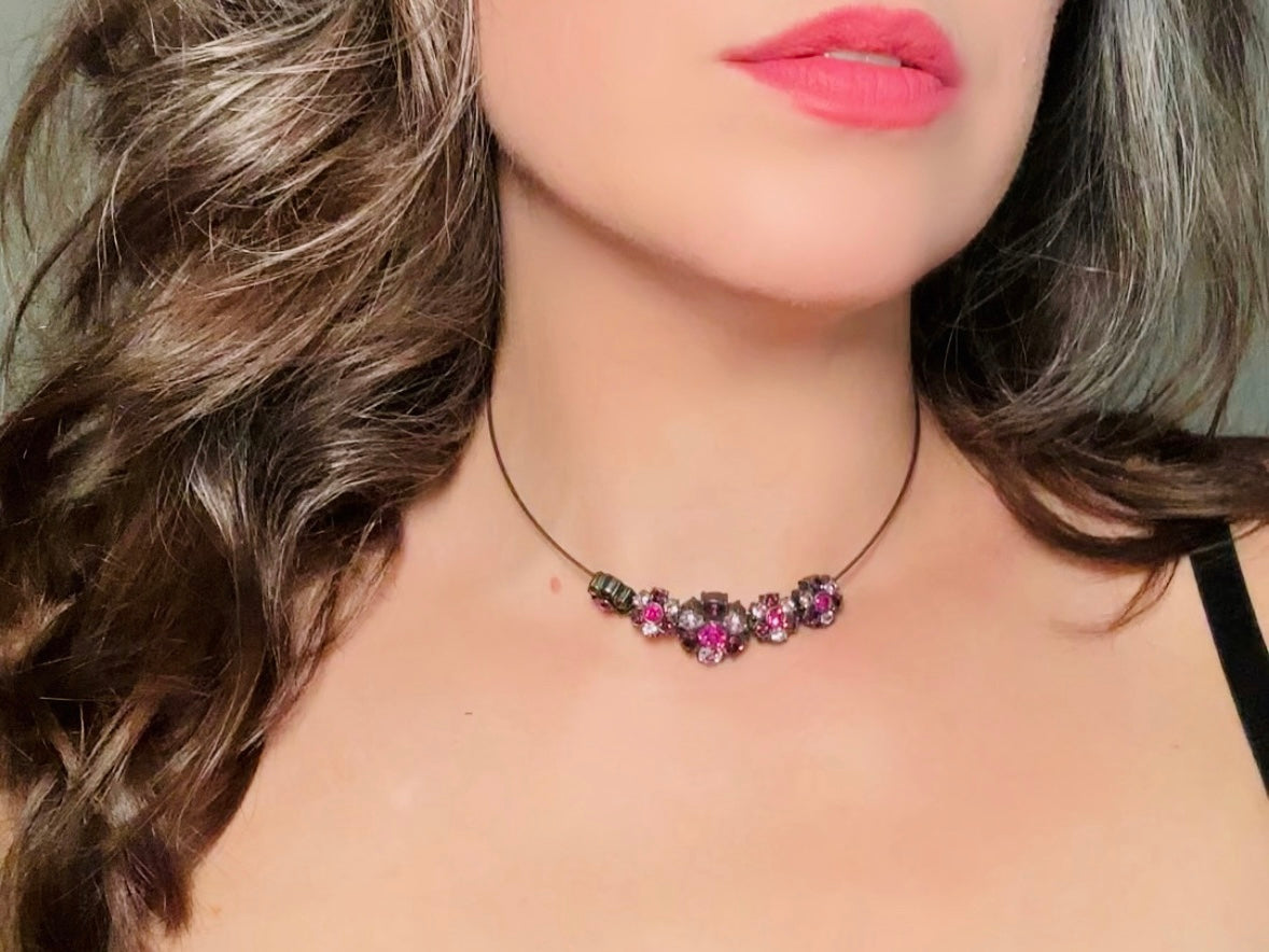 1928 Magenta Pink Rhinestone Floral Bronze Wire Necklace, 90s/Y2K NWT