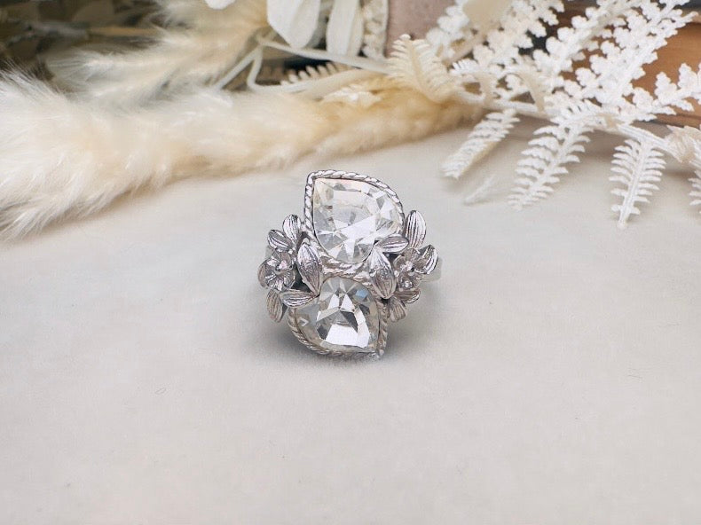 Vintage Heart Ring, 1970s Double Heart Love Story Ring, Diamond April Birthstone Cocktail Ring, Silver Rhinestone Heart Vintage Ring