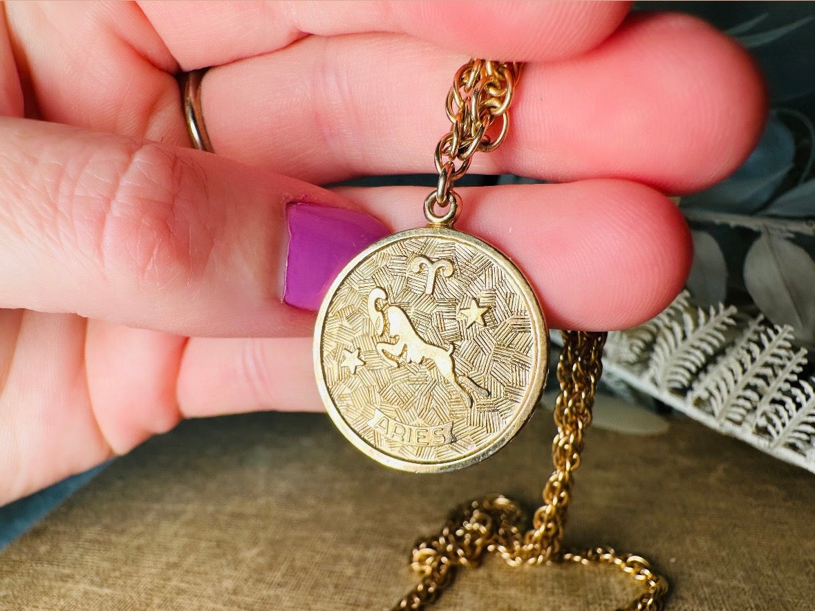 Vintage Aries Zodiac Necklace, Star Sign Astrology Necklace, Unique Birthday Necklace, 20" Long Gold Coin Aries Astrology Pendant Necklace