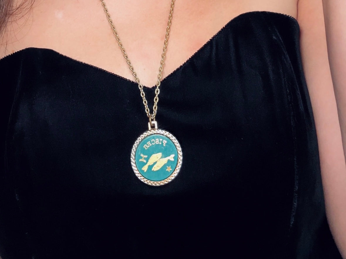 Vintage Pisces Zodiac Necklace, Star Sign Astrology Necklace, Unique Birthday Gift, Long Gold Pendant Double Sided Aqua & 1776 Coin Pendant