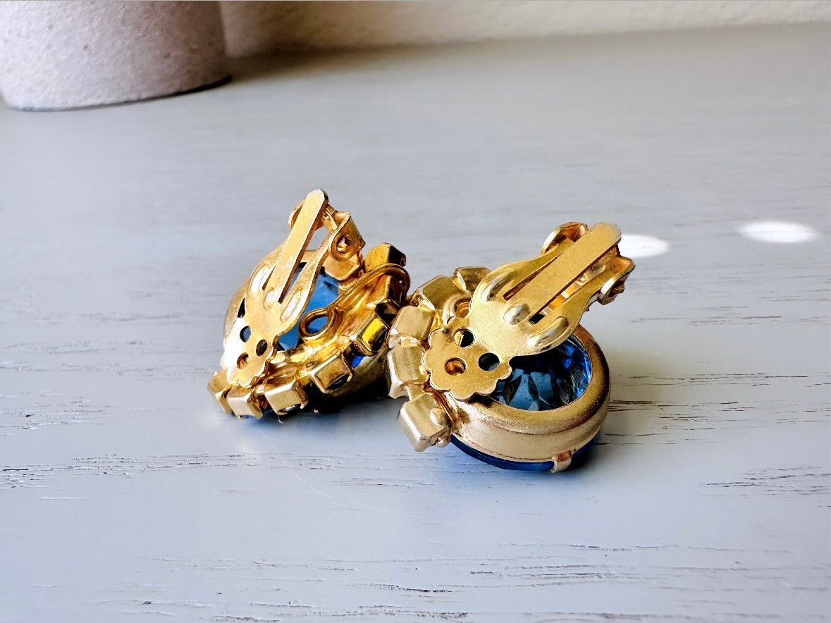 Sapphire Blue Earrings, Gorgeous Sparkling Jewel Vintage Gold Earrings  Rhinestone Clip On Earrings, Elegant 1960s Something Blue for Bride