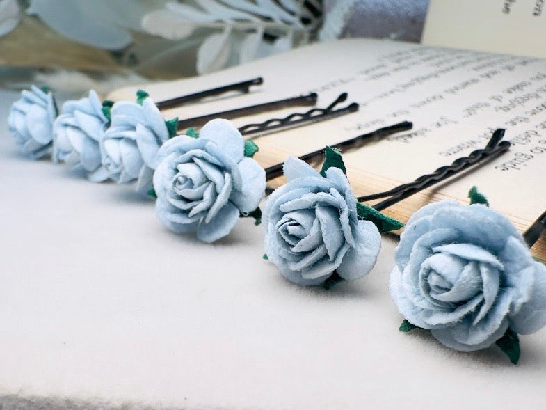 Ice Blue Flower Hair Pins, Handmade Mulberry Paper Rose Bridal Bobby Pins