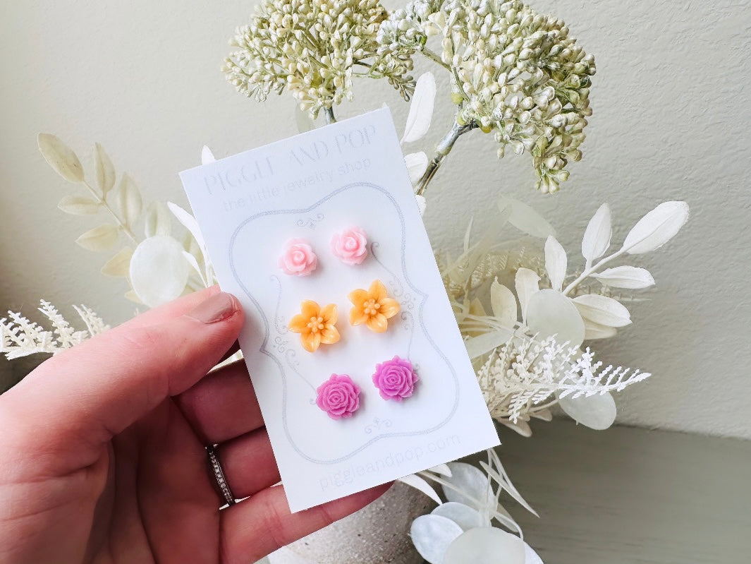 Flower Stud Earring Set in Pink Orange and Purple, Pretty Earring Stud Set, Gift for Teen Girl, Pink Rose Earrings, Hypoallergenic Surgical Steel Resin Earrings FSE3