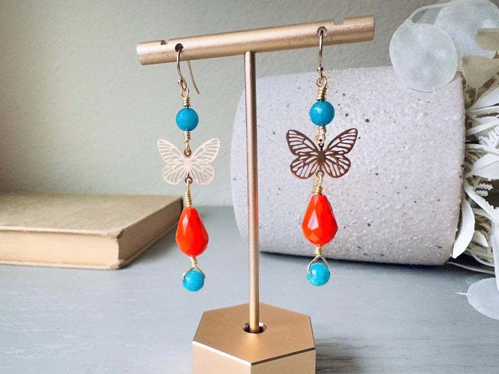 Handmade Butterfly Earrings, Bright Colorful 14k Gold Filigree Butterfly Dangle Earring, Turquoise Blue Agate & Vibrant Orange Crystal Drops