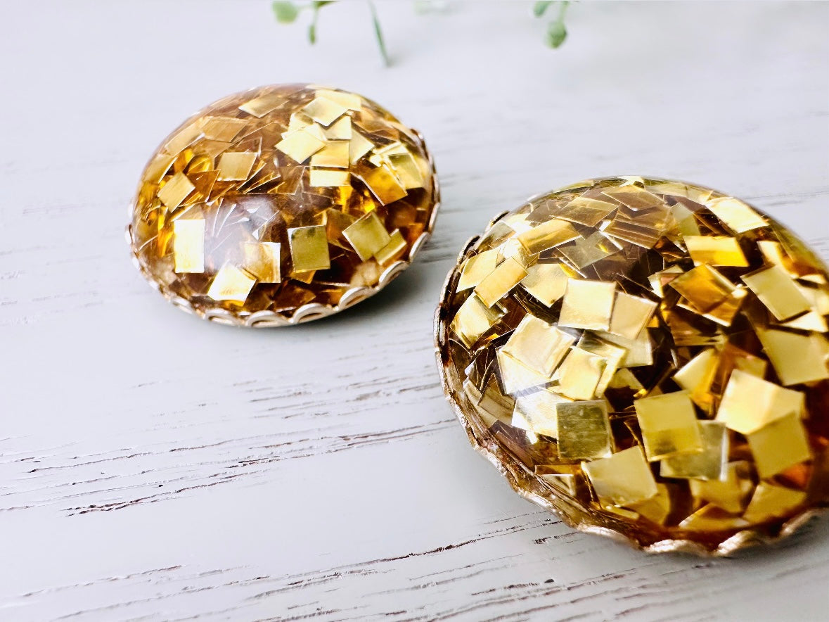 Gold Confetti Earrings, Oversized Vintage Statement Earrings, Gold Earrings, Sparkling Gold Foil Flake Huge Party Earrings, Awesome Clip Ons