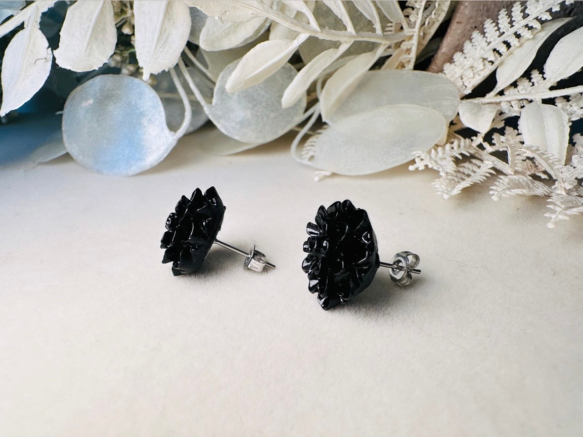 Black Flower Studs, Black Dahlia Earrings, Cute Flower Earrings, Black Flower Earring