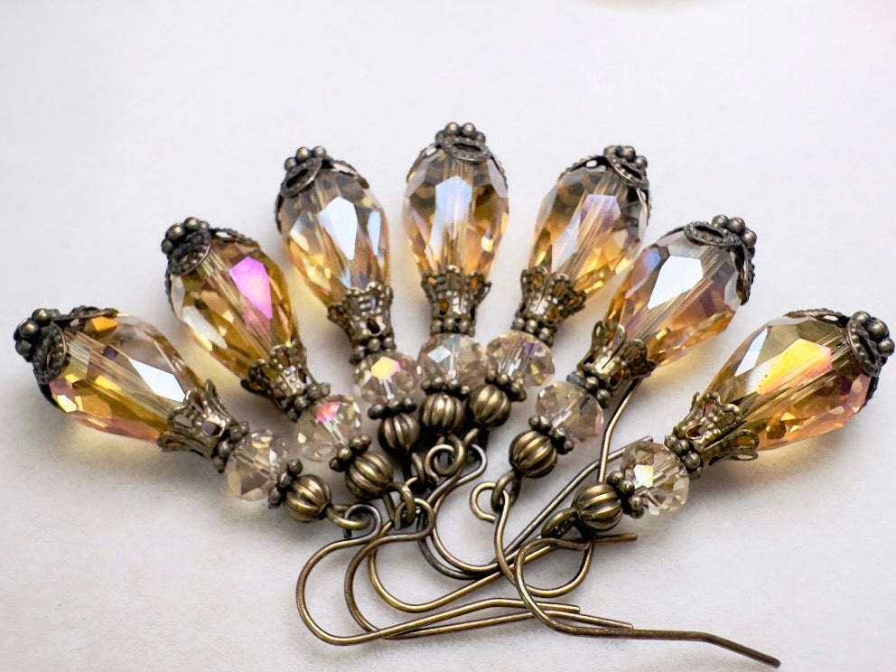 Golden Teardrop Earrings, Handmade Victorian Crystal Dangle Earrings with Antique Bronze Filigree Accents