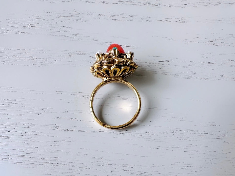 Vintage Orange Bullet Cabochon Ring Gold Tone Adjustable Etruscan Revival Ring, Multistone Gold Tone Cocktail Ring, Retro Costume Ring