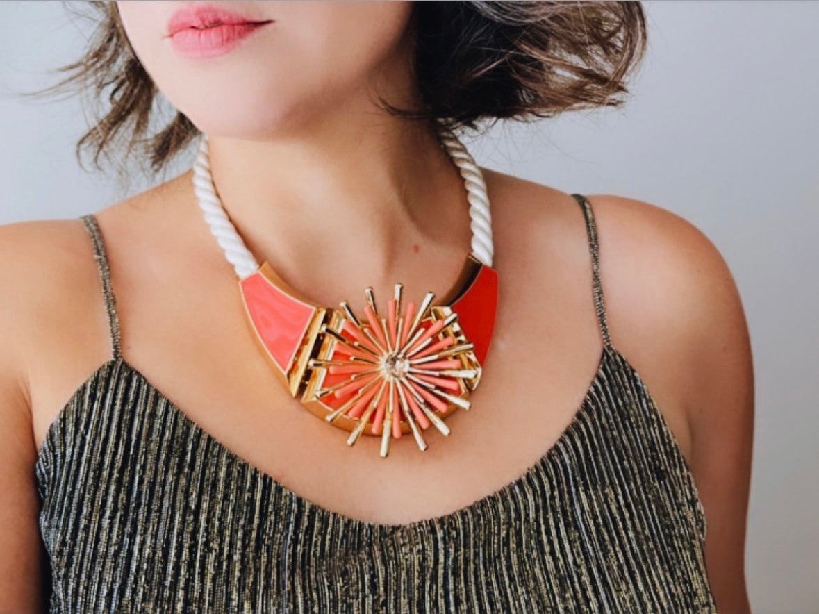 Coral and Gold Vintage Statement Necklace, Oversized Bib Necklace, Gold and Orange Pink Vintage Vince Camuto Designer, Big Holiday Necklace