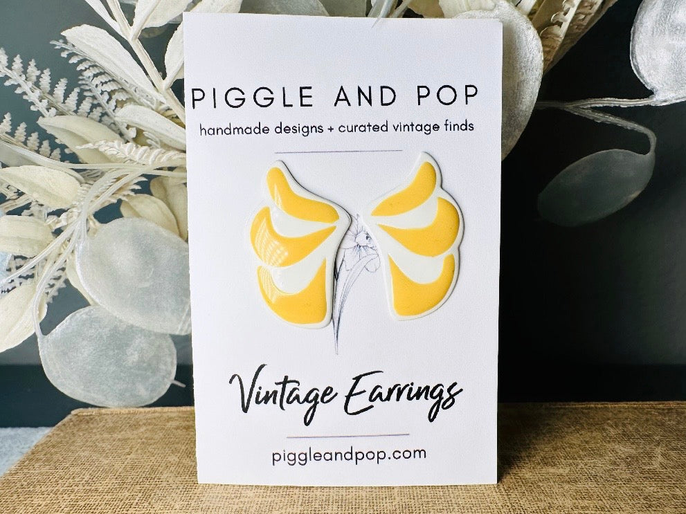 Yellow + White Wing Earrings, Vintage Pierced Earrings, Light Mustard Yellow Cute Enamel 1970s Earrings, Fun Retro Pop Vintage Earrings