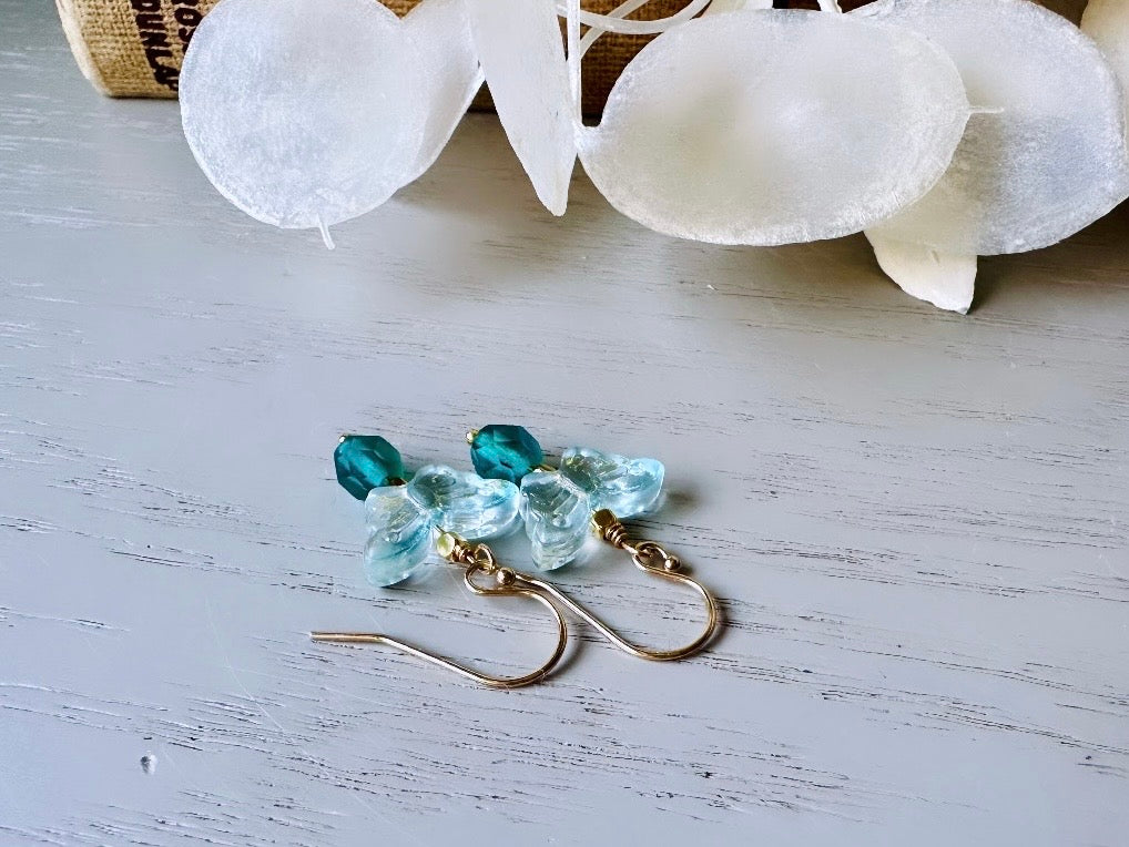 Gilded Butterfly Earrings, Handmade Aqua Blue & Gold Dainty Dangle Earrings, 14kt Gold Delicate Gold Earrings, Whimsical Butterfly Jewelry