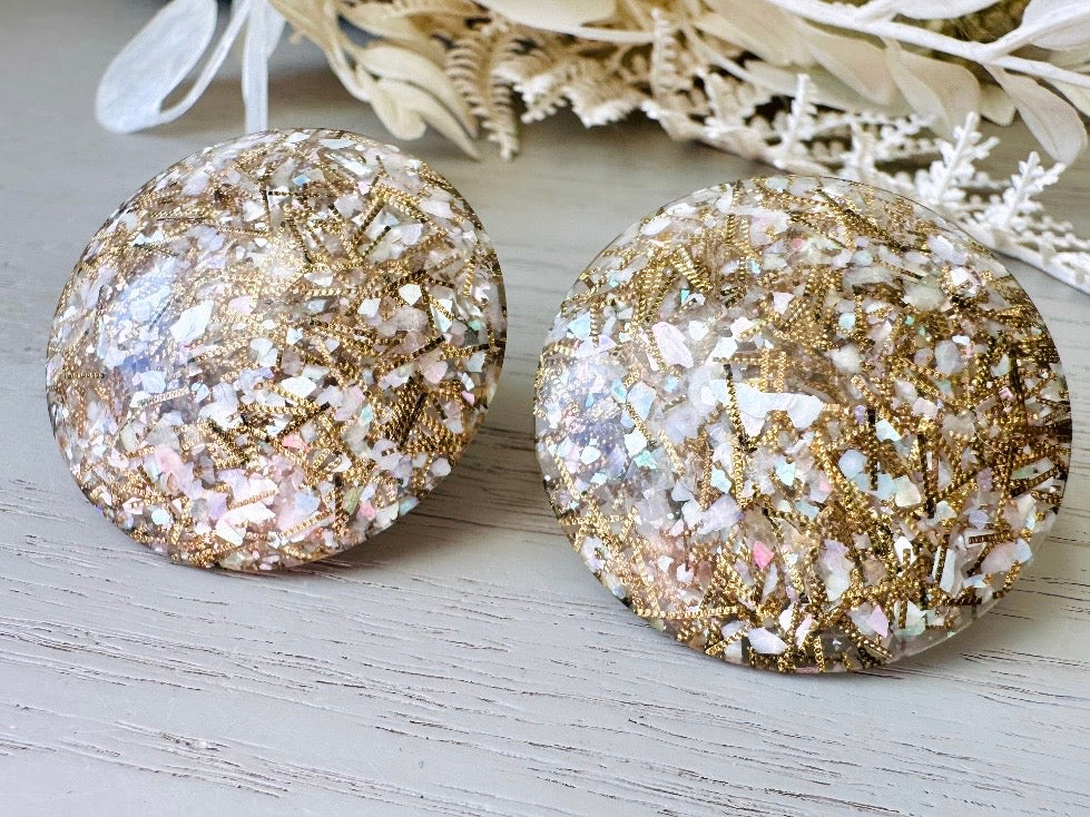 Gold Confetti Earrings, Vintage Lucite Clip On Earrings