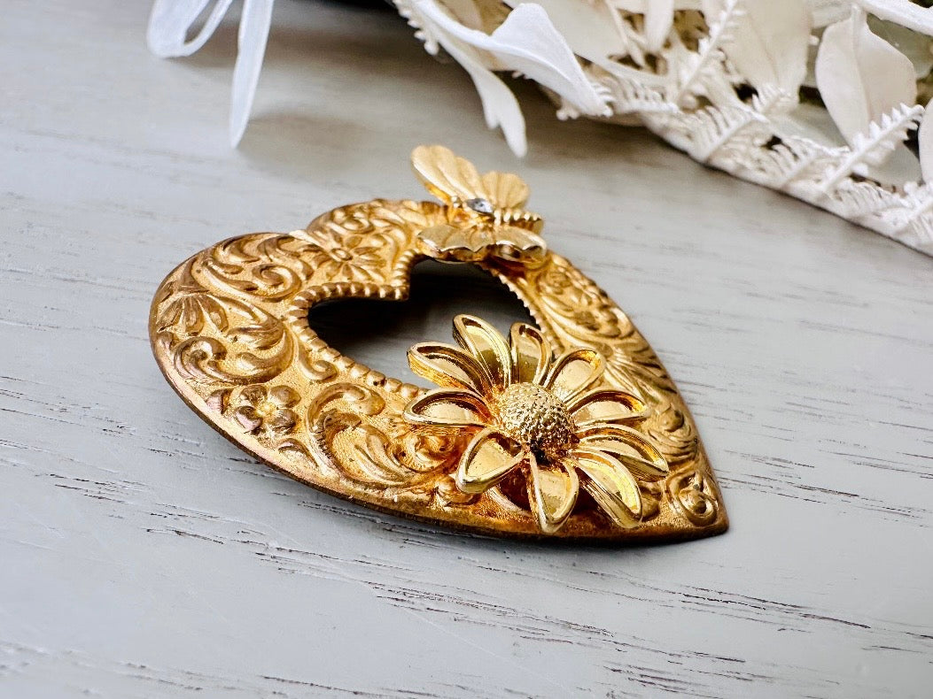 Vintage Heart Brooch, Romantic Regency Era Embossed Gold Heart Pin with Intricate Scrollwork, Raised Sunflower and Rhinestone Butterfly