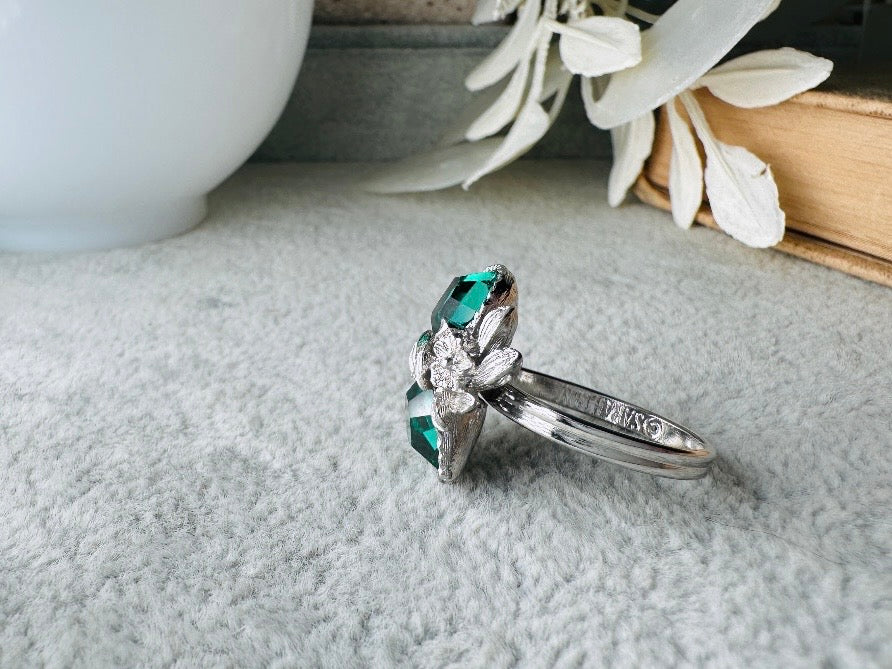 Vintage 70s Ring, Double Heart Love Story Ring Emerald 1973 May Birthstone Cocktail Ring, Chunky Costume Jewelry, Vintage Sarah Coventry