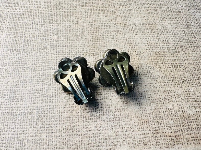 Green Rhinestone Flower Earrings, Small Vintage 1960s Olive Green Crystal Clip On Earrings