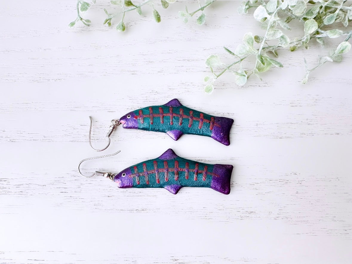 Handmade Fish Earrings, Vintage Fish Dangles Purple Teal and Red Handpainted Dangle Earrings, Cute Kitsch Retro Earrings